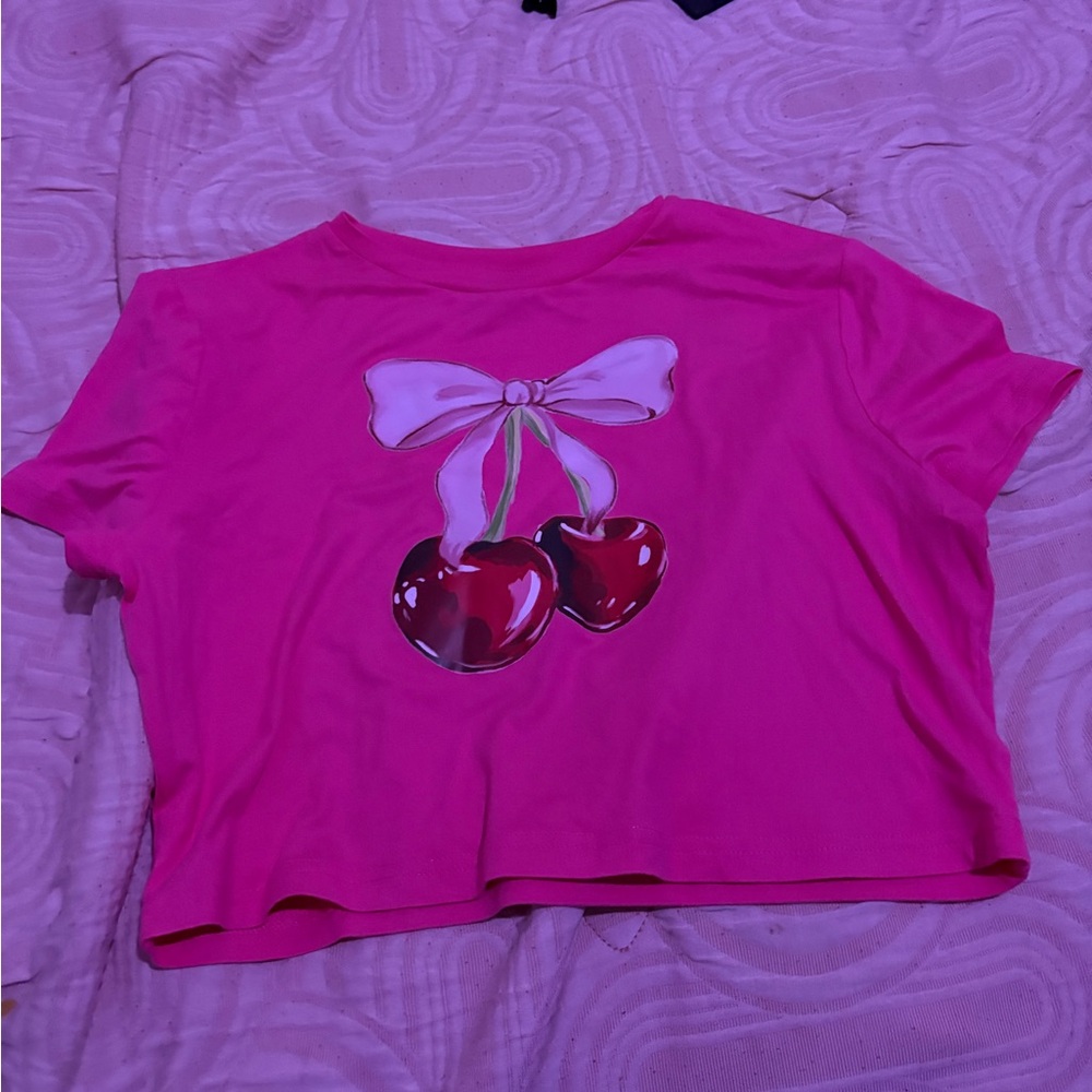 SHEIN Pink Crop Top with Cherry Design